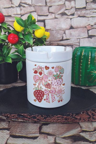 giftkonsept Strawberry and Ribbon No:2 Summer Themed Printed Ceramic Lid Odorless Ashtray