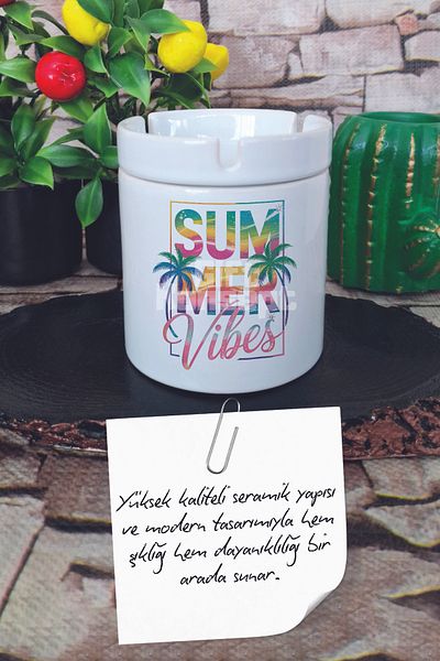 giftkonsept Summer Vibes Tropical Summer Themed Printed Ceramic Lid Odorless Ashtray