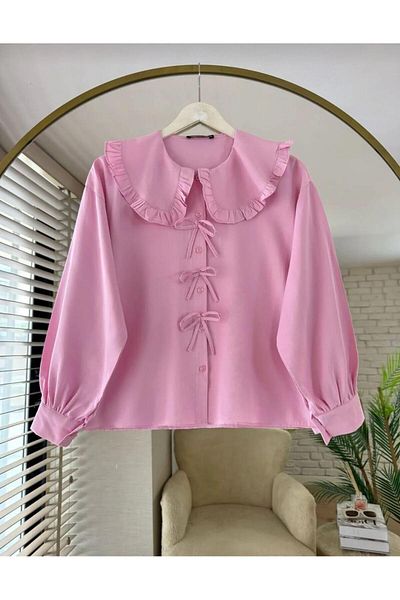Nergis Neva Butik Poplin Fabric Collar Detailed Bow Skirt Top Shirt