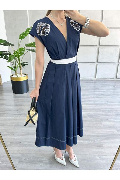 Coral Chest Embroidered V Neck Dress Navy Blue