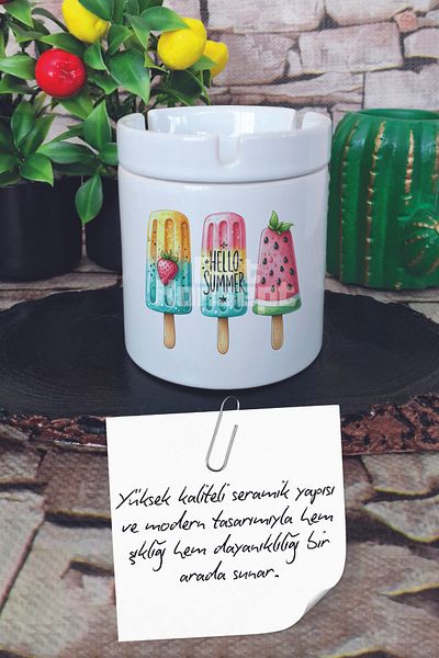 giftkonsept Hello Summer Ice Cream Summer Themed Printed Ceramic Lid Odorless Ashtray