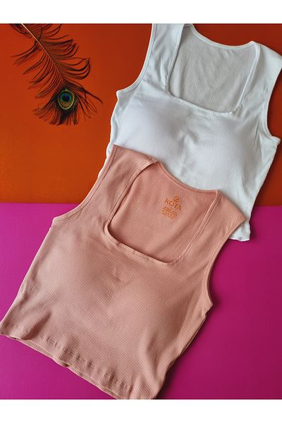 Demirsa Boutique Square Collar Camisole Fabric 2-Piece Powder and White Women's Fixed Pad Crop Blouse Singlet