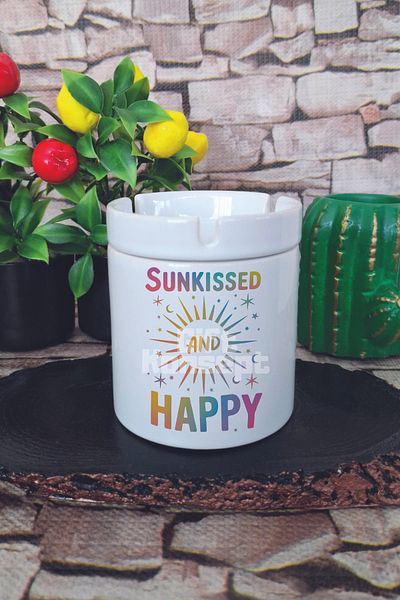giftkonsept Sunkissed and Happy Summer Themed Printed Ceramic Lid Odorless Ashtray