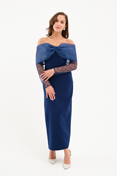 Lafaba Жіноче темно-синє плаття з деталями на рукавах і бантиком для заручин, весілля та вечірніх заходів