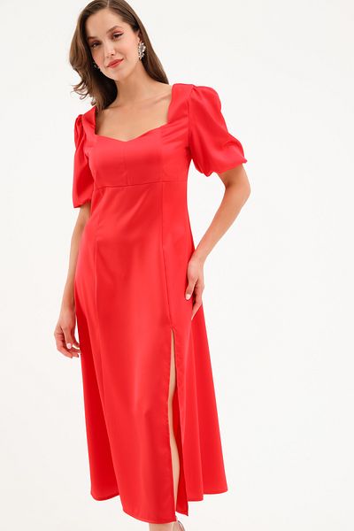 Lafaba Women's Red Balloon Sleeve Slit Satin Midi Dress