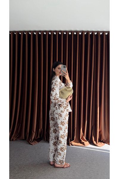 HAZELANNA Milky Brown Floral Patterned Linen Suit