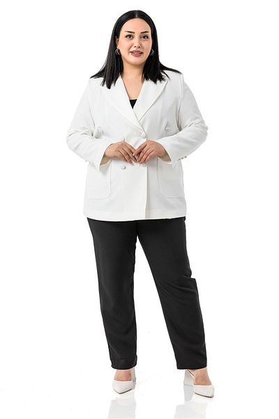 DISENTIS MODEST Plus Size Satin Collar and Button Detail Pocket Lined White Jacket