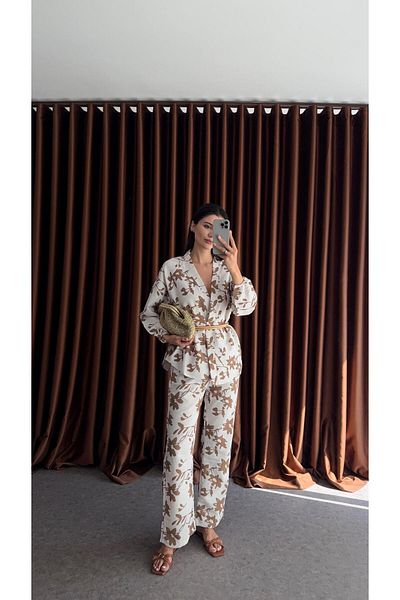 HAZELANNA Milky Brown Floral Patterned Linen Suit