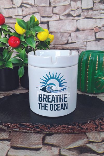giftkonsept Breathe the Ocean Summer Themed Printed Ceramic Lid Odorless Ashtray