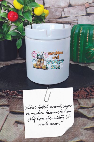 giftkonsept Sunshine and Sweet Tea Summer Themed Printed Ceramic Lid Odorless Ashtray