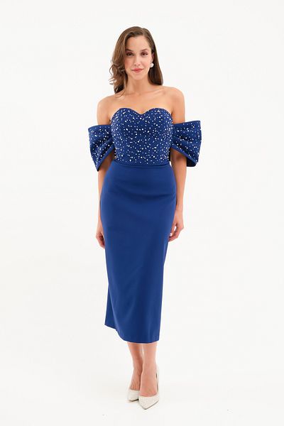 Lafaba Women's Navy Blue Strapless Neckline Sleeve Detail Midi Evening Dress