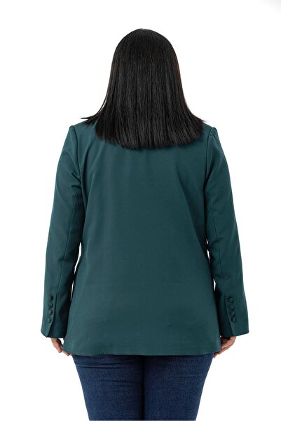DISENTIS MODEST Plus Size Satin Collar and Button Detail Pocket Lined Emerald Green Jacket