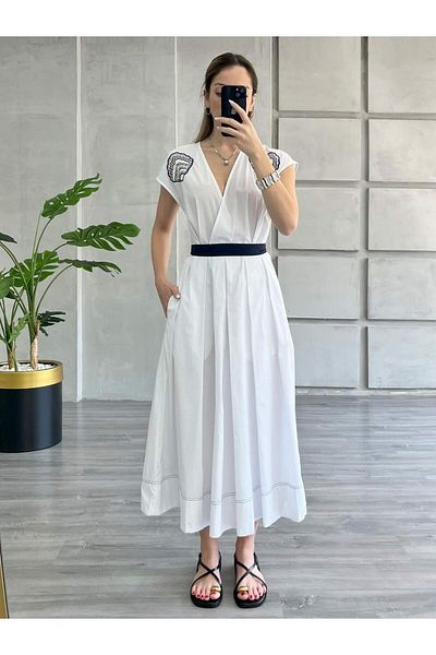 Coral Chest Embroidered V Neck Dress White