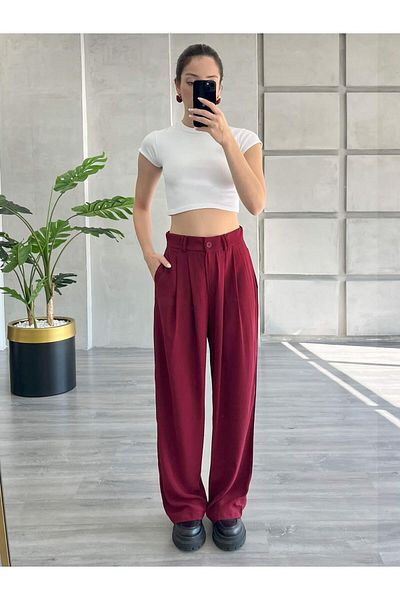 Coral Pleated Wide Leg Trousers Claret Red