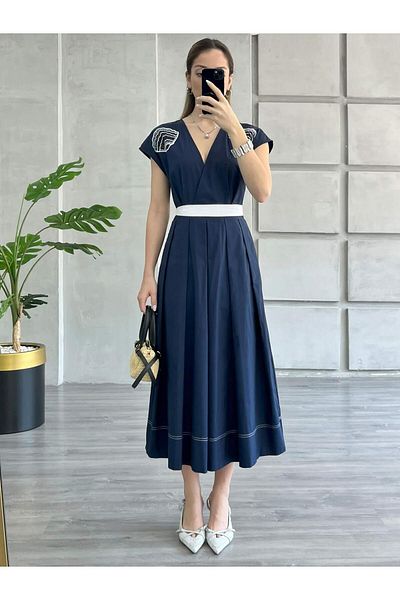 Coral Chest Embroidered V Neck Dress Navy Blue