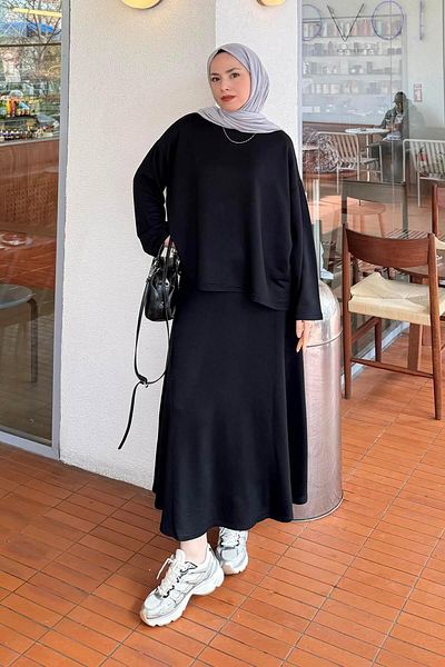 lamelif Crystal Flared Skirt Hijab Black
