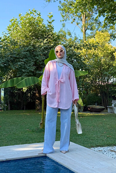 Bipantolon Women's Pink Tie Detail Flam Linen Kimono