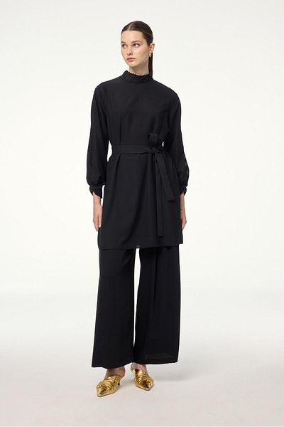 Zühre Black Tunic with Belt and Stone Detail on Collar and Sleeves T-1551