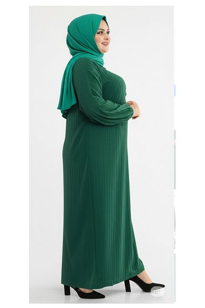 DHDmoda Women's Hijab Plus Size Green Buttoned Sleeve Elastic Dress