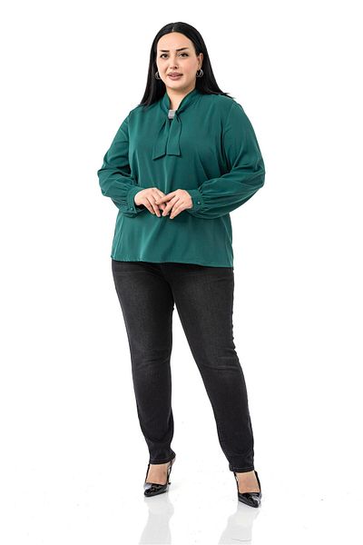 DISENTIS MODEST Plus Size Emerald Green Blouse with Sparkle Detail on the Collar and Cuffs