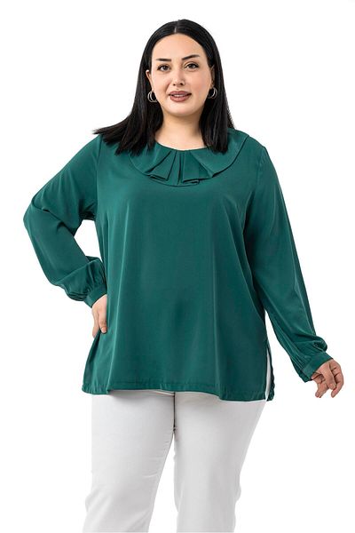 DISENTIS MODEST Plus Size Collar Pleated Emerald Green Blouse with Side Slits