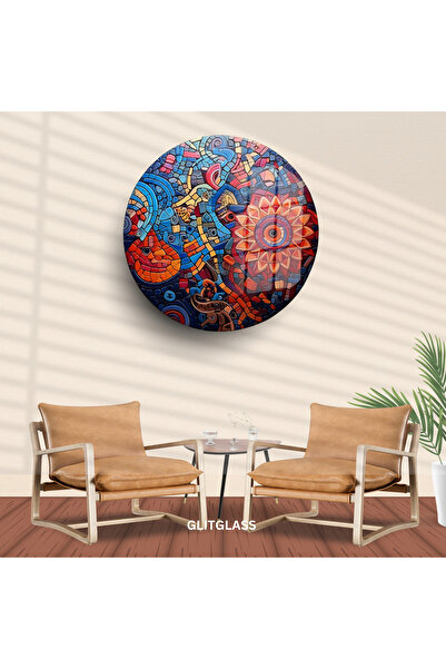 Glit Glass Cam Tablo: Renkli Mozaik Desenli Yuvarlak Dekoratif Sanat