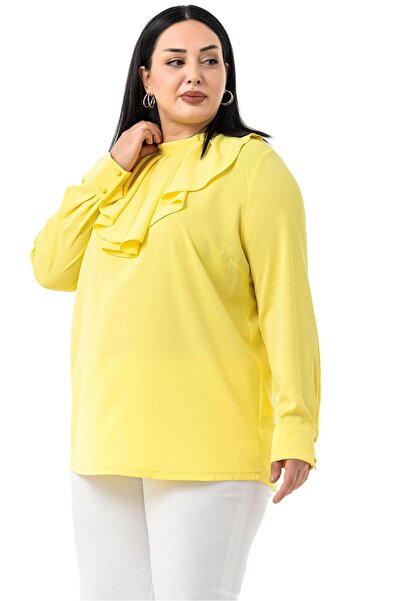 DISENTIS MODEST Plus Size Collar Single Layer Flounce Cuff Yellow Blouse