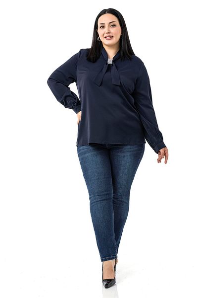 DISENTIS MODEST Plus Size Navy Blue Blouse with Sparkle Detail on the Collar and Cuffs