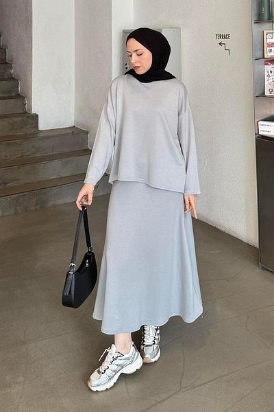 lamelif Crystal Flared Skirt Hijab Gray