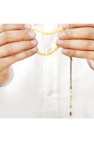 Tesbihane 925 Ayar Gümüş Kral Zincir Püsküllü Bilek Boy Küre Kesim Soft Sarı Beyaz Doğal Damla Kehribar Tesbih