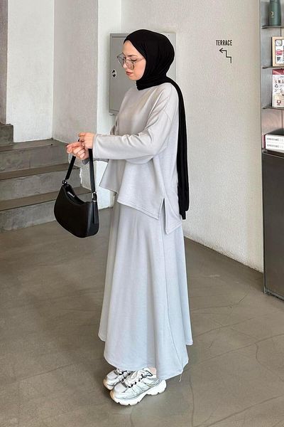 lamelif Crystal Flared Skirt Hijab Gray
