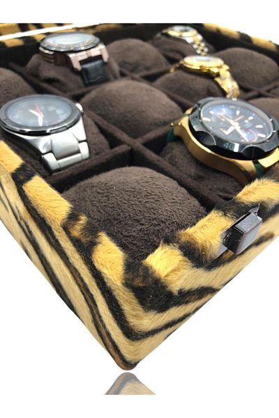 Dijital Çarşı Diji 12 Watch Box Watch Case Tiger with Coffee Coffee Cushion Inside