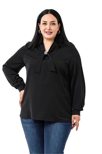 DISENTIS MODEST Black Blouse with Large Size Collar and Sparkle Detail on Cuffs