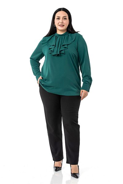 DISENTIS MODEST Plus Size Collar Single Layer Flounce Cuff Emerald Green Blouse
