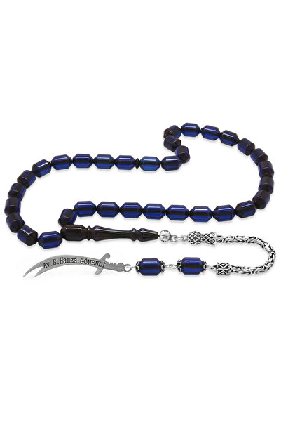 Tesbihane 925 Ayar Gümüş Püsküllü Uçlu Kapsül Kesim Kişiye Özel İsim Yazılı Lacivert Sıkma Kehribar Tesbih