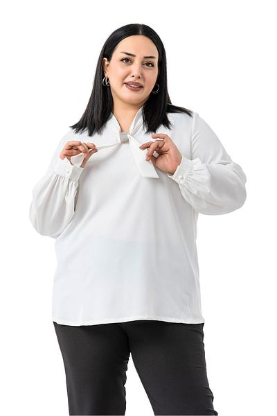 DISENTIS MODEST Plus Size White Blouse with Sparkle Detail on the Collar and Cuffs