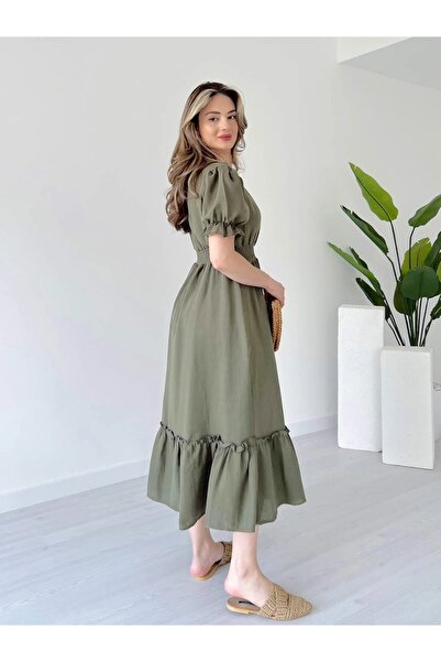 Lusin Women's Khaki V-Neck Elastic Waist Drawstring Muslin Fabric Short Sleeve Dress (New Color)