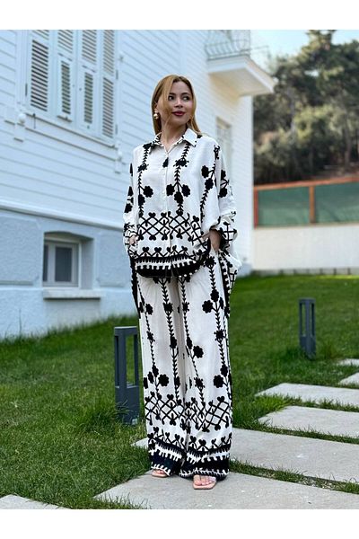 369 etnik butik Ethnic Patterned Oversize Loose Suit - Shirt & Trousers 2-Piece Suit