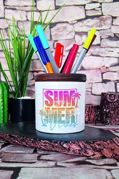 giftkonsept Suport pentru stilou din ceramică cu imprimare palmier retro Summer Vibes Organizator de birou