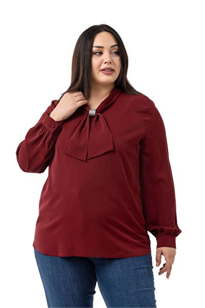 DISENTIS MODEST Plus Size Burgundy Blouse with Sparkle Detail on the Collar and Cuffs