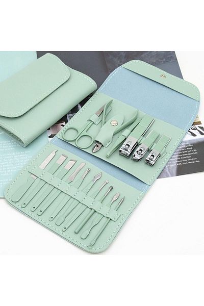OEM 16 Piece Cosmetic Care Set with Eco-Leather Kit for Nails and Skin, Green