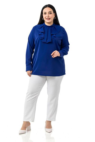 DISENTIS MODEST Plus Size Collar Single Layer Flounce Cuff Saks Blue Blouse