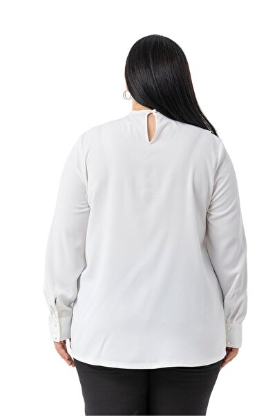 DISENTIS MODEST Plus Size Collar Single Layer Flounce Cuff White Blouse