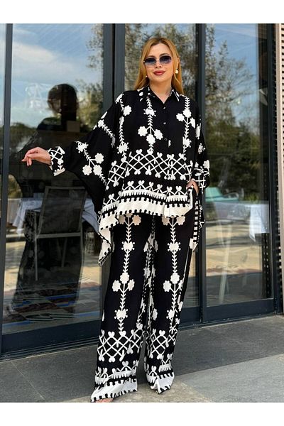 369 etnik butik Ethnic Patterned Oversize Loose Suit - Shirt & Trousers 2-Piece Suit