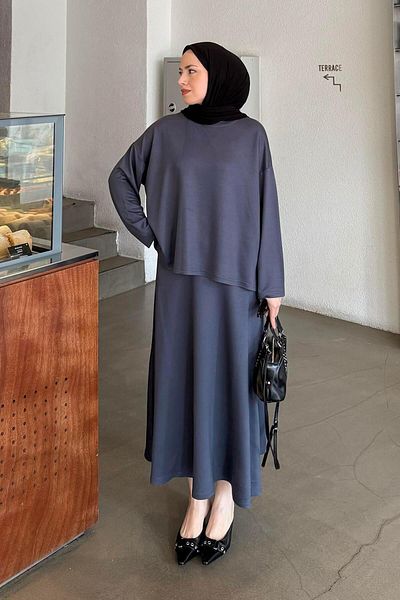 lamelif Crystal Flared Skirt Hijab Anthracite