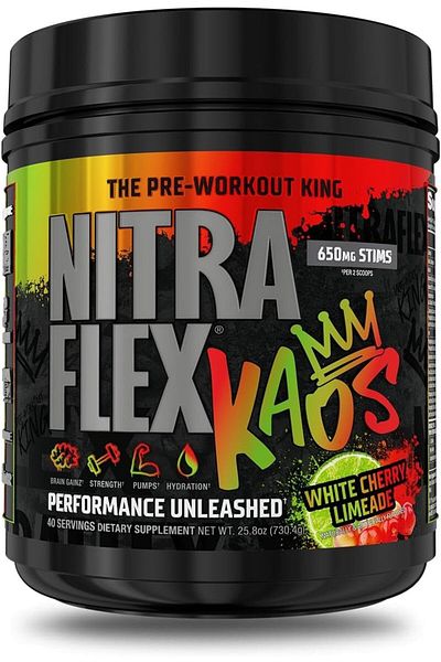 GAT SPORT Nitraflex, Kaos, The Pre Workout King, 650mg Stims, White Cherry Limeade, 730g 40 Servings