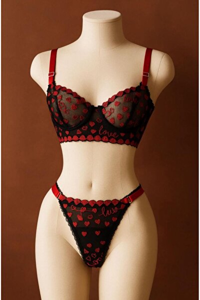 zyc Set de sutien elegant din tul cu model de inimă și broderie