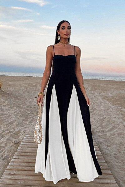 FASHION COCKTAIL Kontrast Zarafet Monokrom Renk Bloklu Etek Detaylı Askılı Uzun Maxi Davet Kokteyl Elbisesi