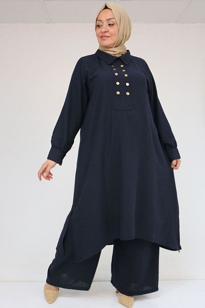 Eslina 57023 Plus Size Snap-On Pants Suit - Navy Blue