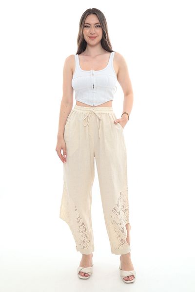 NAVAJO 100% Cotton Lace Detailed Summer Trousers – Elastic Waist, Comfortable Fit